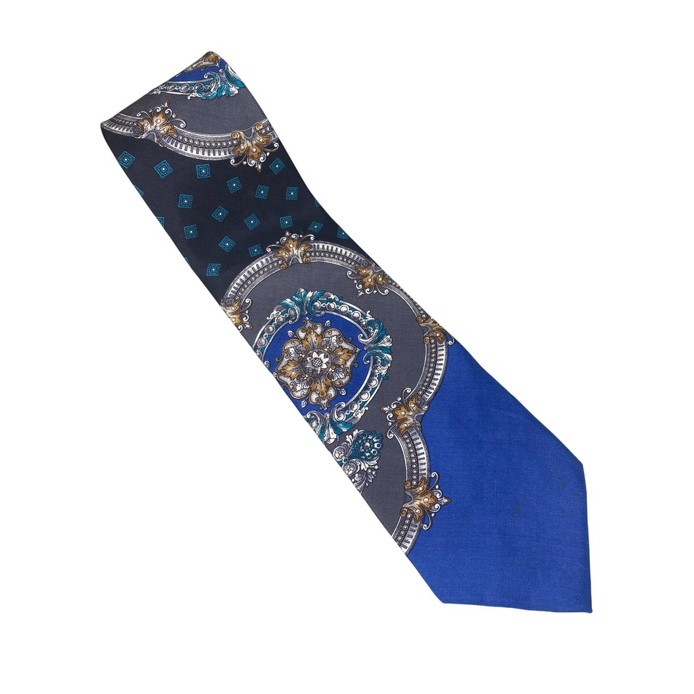 Henry Grethel‎ Mens Tie Blue Black Silk Medallion Geometric Formal 60x4 Long